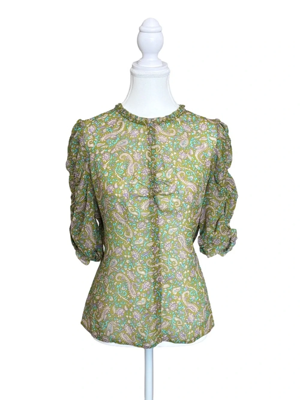 Veronica Beard Silk Paisley Blouse Green Ruffle Sleeve Top Size 8 - Picture 2 of 7